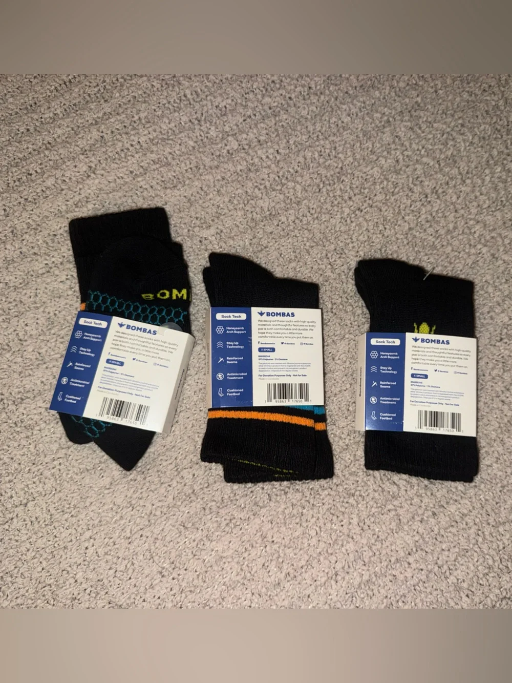 Bombas Youth Black Casual Socks with Blue & Orange Accents - 3 Pack Sz XS